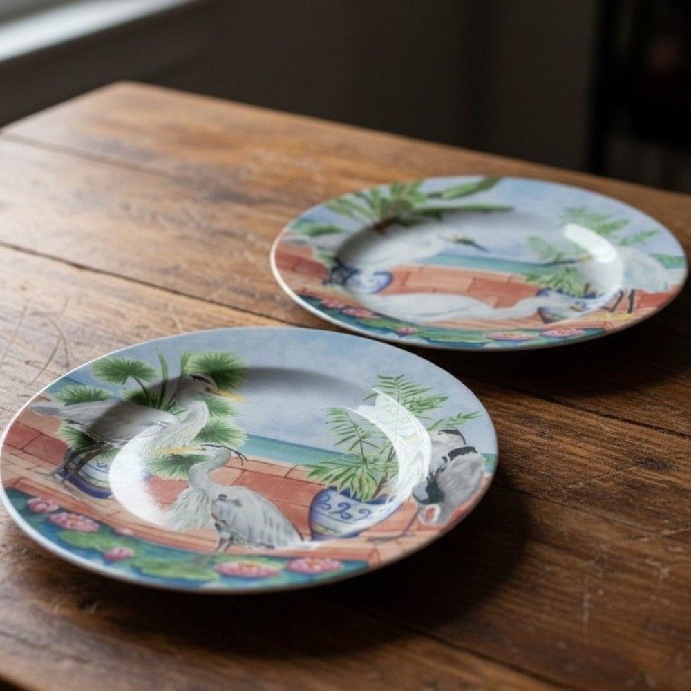 American Atelier "Marsh Birds" Porcelain China Salad Plates, Set Of 2 Dinnerware